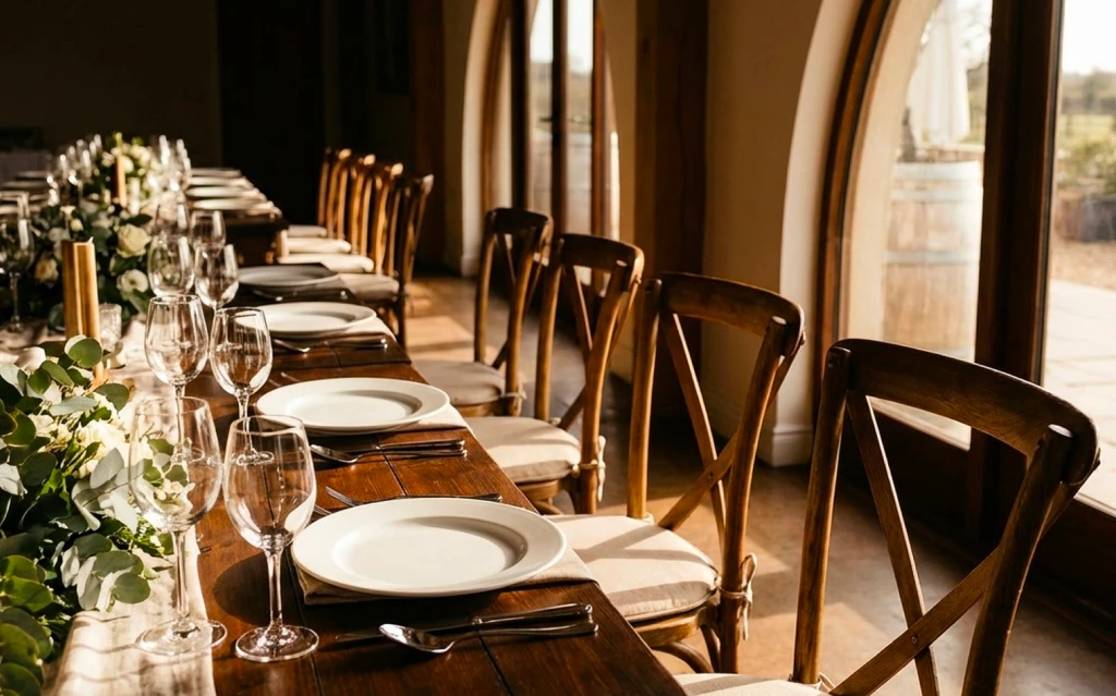 Event tables arranged for event equipment rentals in Mississauga at a banquet hall.