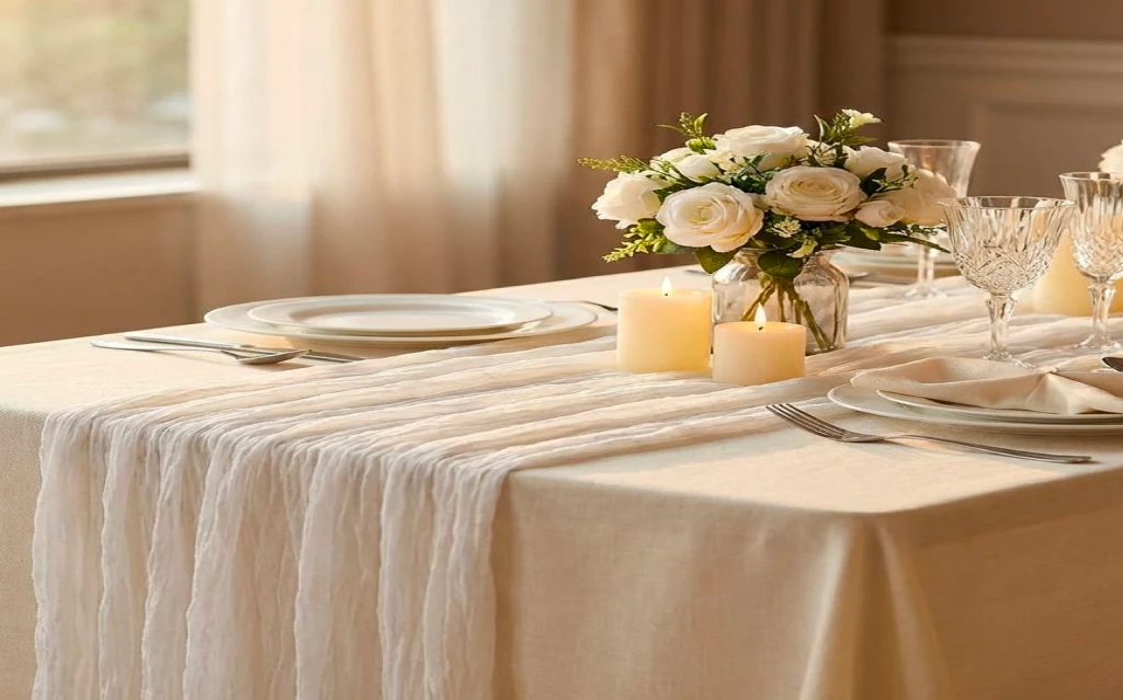 Crisp tablecloths displayed for linen rentals in Mississauga at a wedding reception.