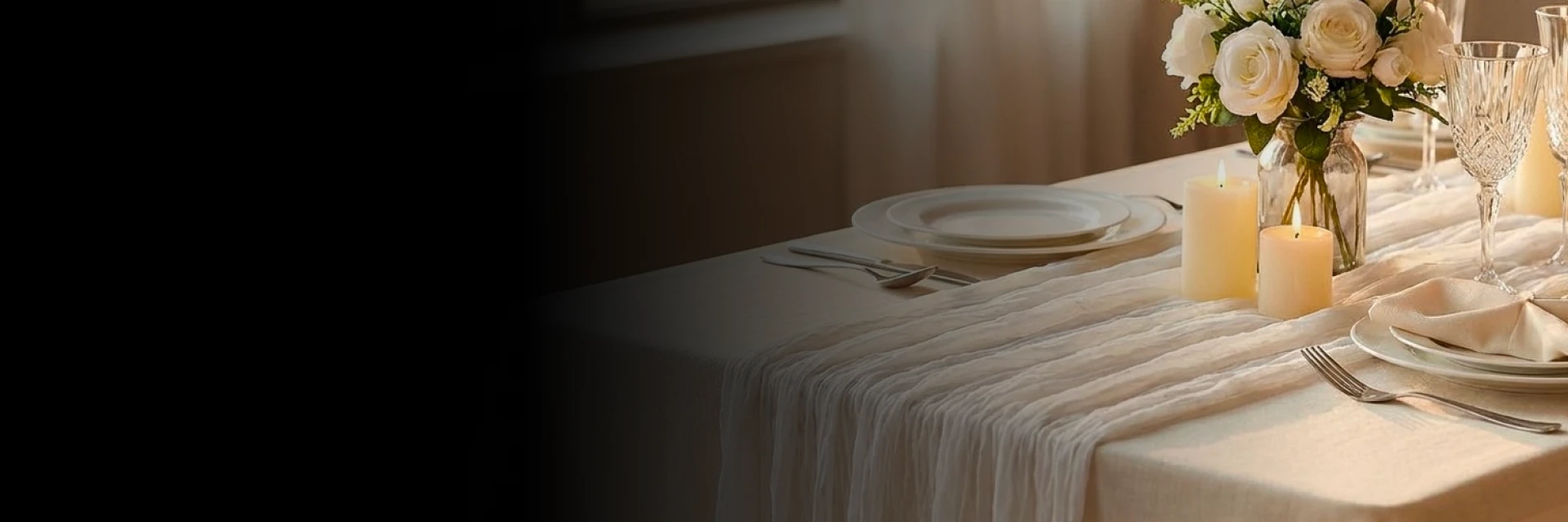 Crisp tablecloths displayed for linen rentals in Mississauga at a wedding reception.