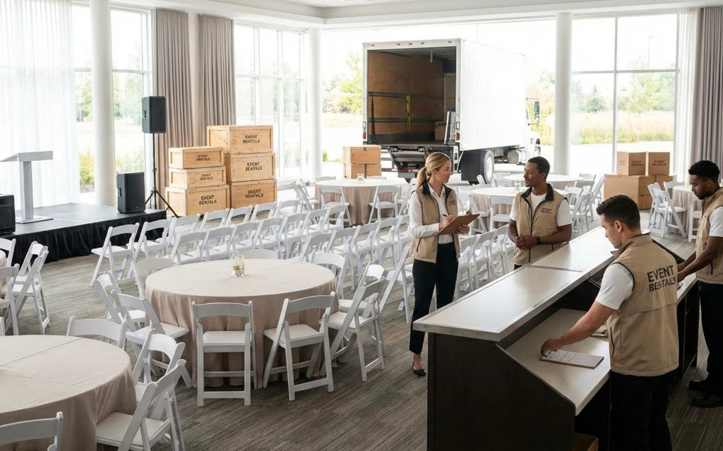 A team unloading rentals for event setup services in Mississauga outside a venue.