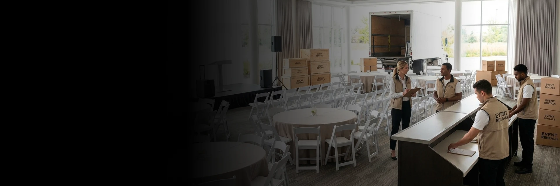A team unloading rentals for event setup services in Mississauga outside a venue.