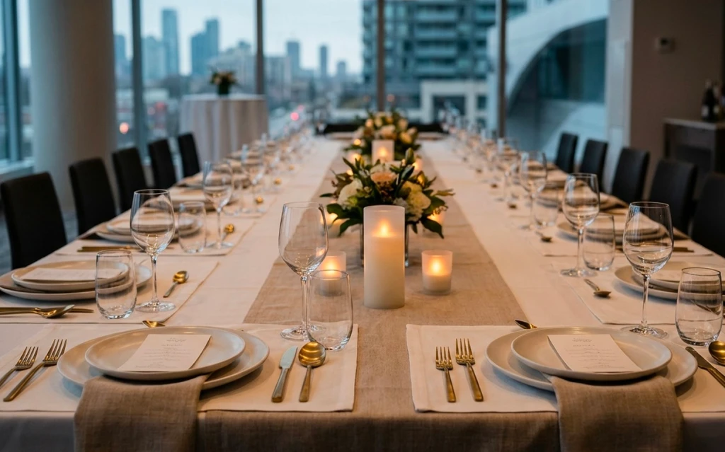 Plates and cutlery prepared for dinnerware rentals in Mississauga at a reception.