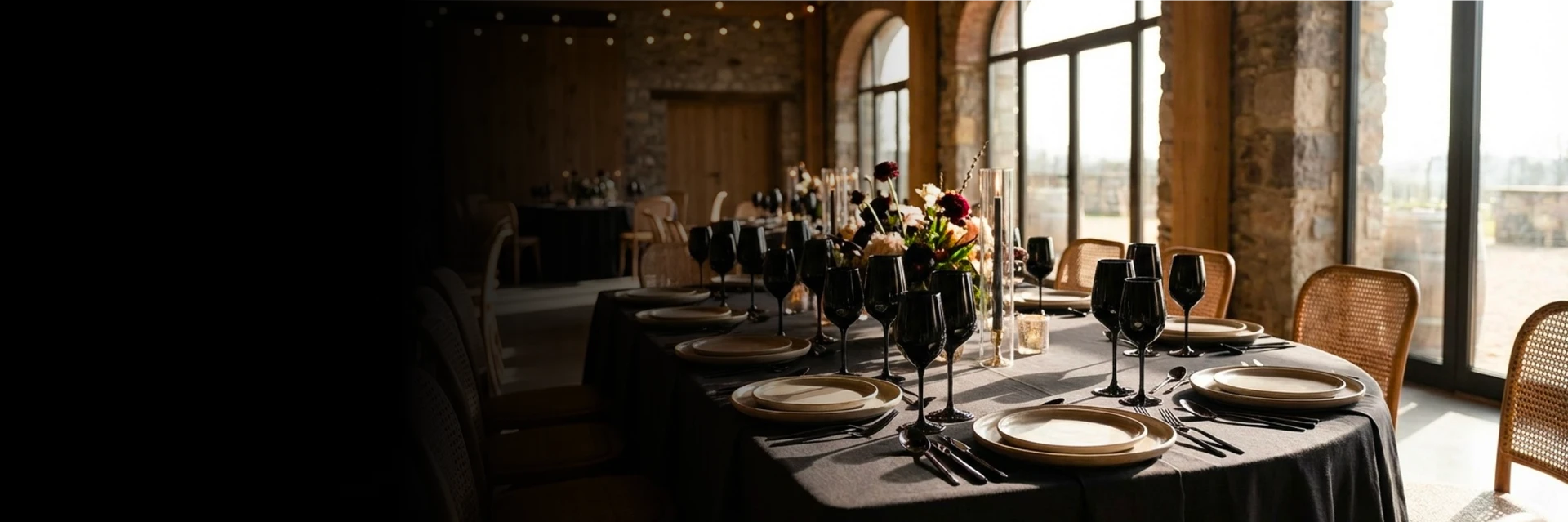 A beautifully decorated reception space set up in Mississauga for an evening event.
