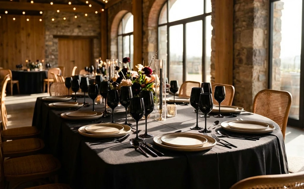 A beautifully decorated reception space set up in Mississauga for an evening event.
