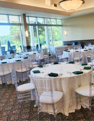 Linen-covered tables ready with party equipment rentals in Mississauga for a family event.