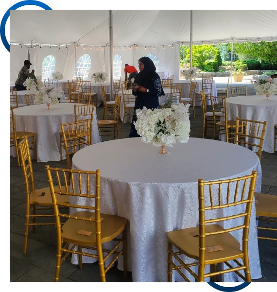 Table linens draped neatly for wedding rental services in Mississauga at a venue.