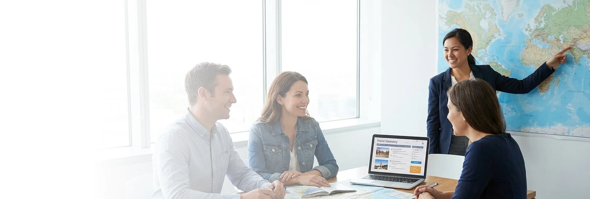 A group tour planner presents a curated itinerary to smiling travelers around a conference table.