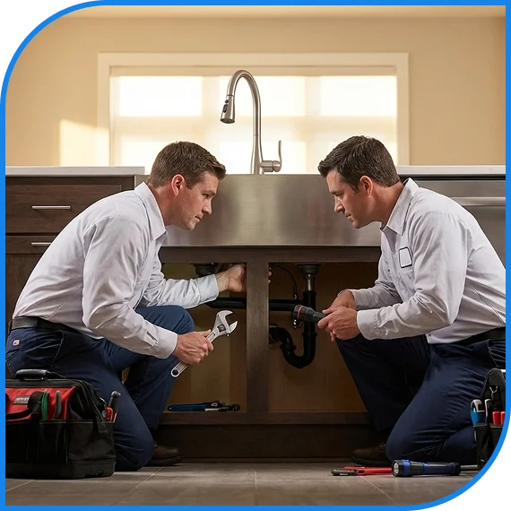 Plumbing services team fixing a pipe leak in Kitchener