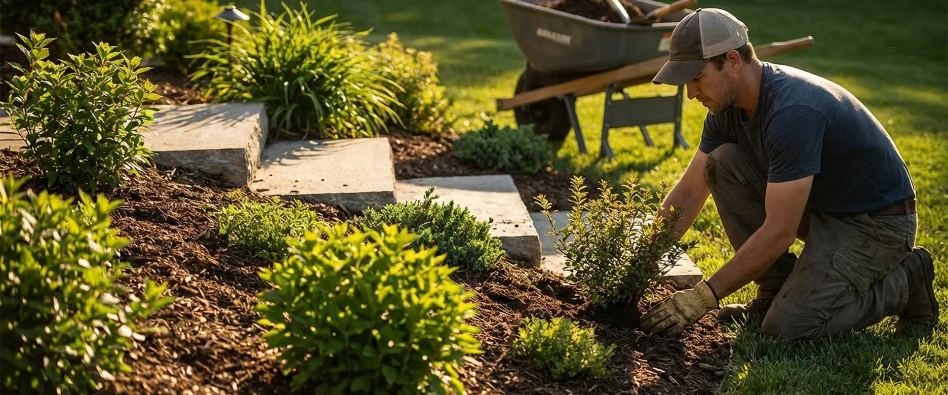 A professional landscaper in Frisco, TX installing fresh sod in a residential front yard.