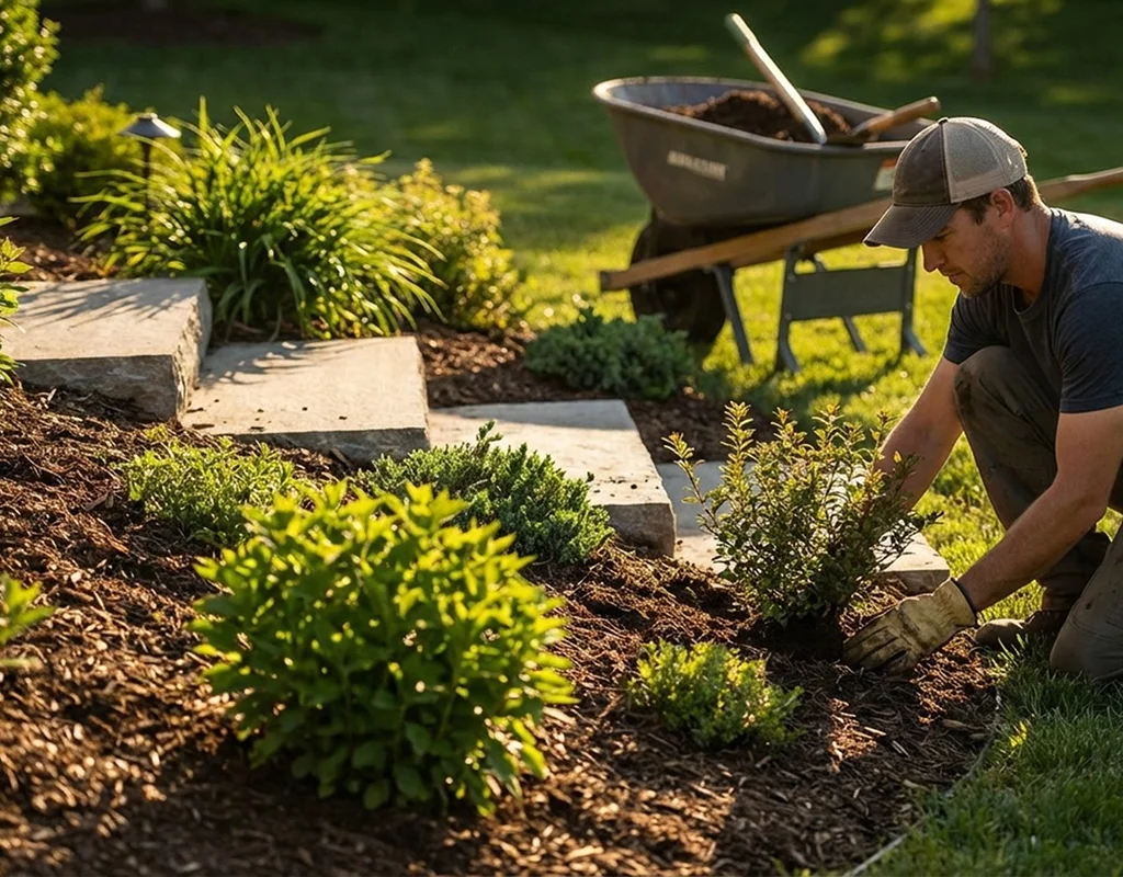A professional landscaper in Frisco, TX installing fresh sod in a residential front yard.