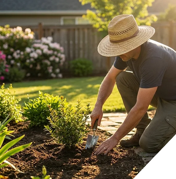 A landscaper in Frisco, TX preparing soil and planting shrubs along a driveway border.