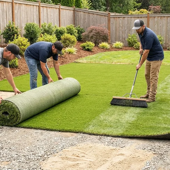 A professional landscaper in Frisco, TX installing fresh sod in a residential front yard.