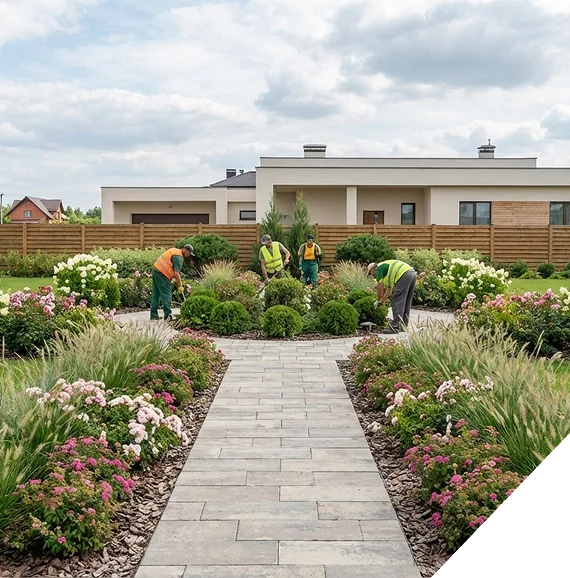 A backyard landscape design featuring stone walkways, greenery, and outdoor seating.