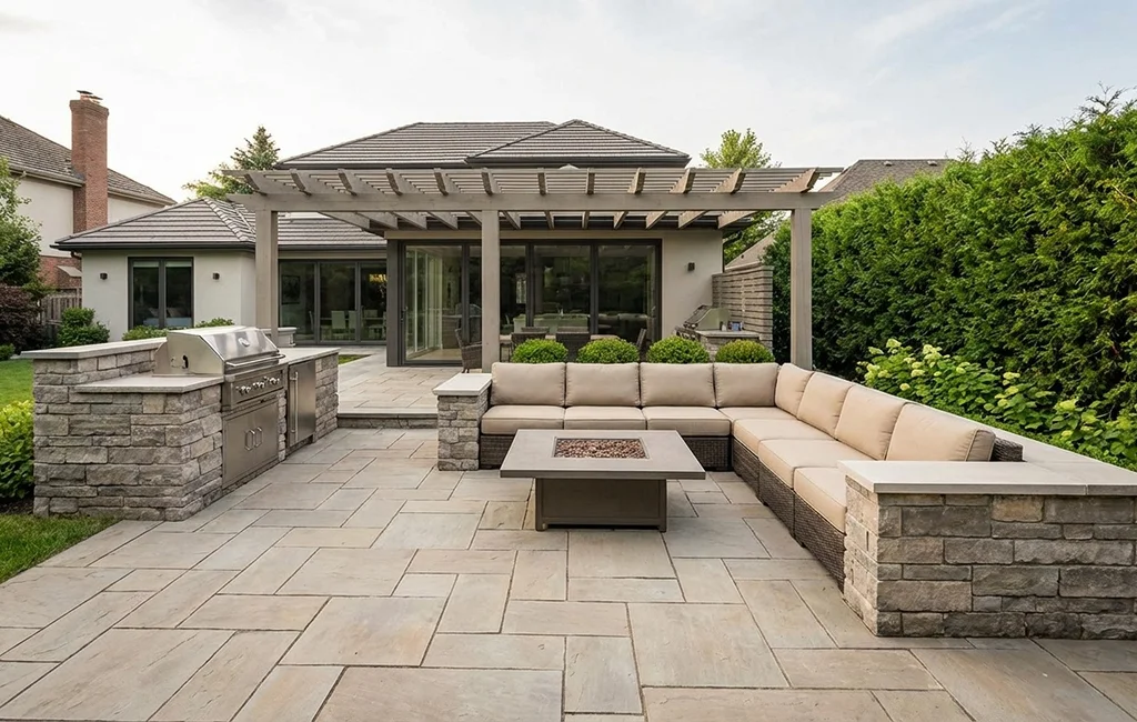 A landscaping crew mowing a large front yard during lawn & landscaping services at a residential property.