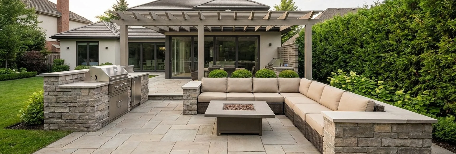 A landscaping crew mowing a large front yard during lawn & landscaping services at a residential property.