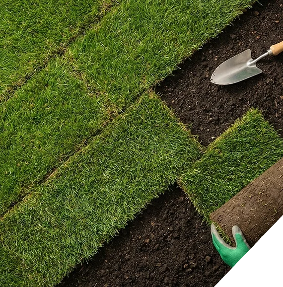 Workers unloading fresh sod pallets from a truck as part of organized sod installation services.