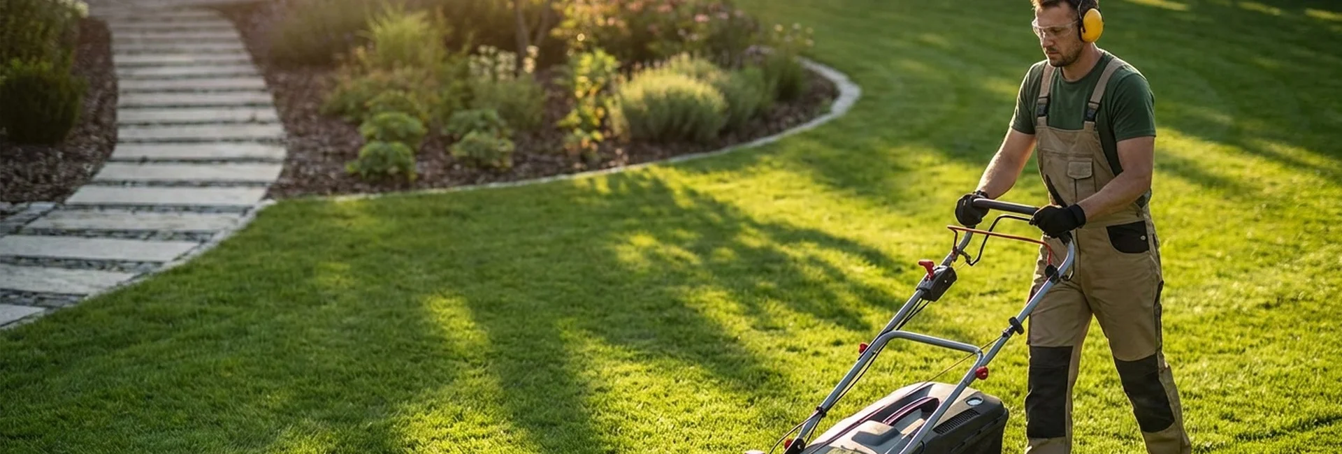 A professional crew mowing a residential yard during lawn maintenance in Frisco, TX on a sunny afternoon.