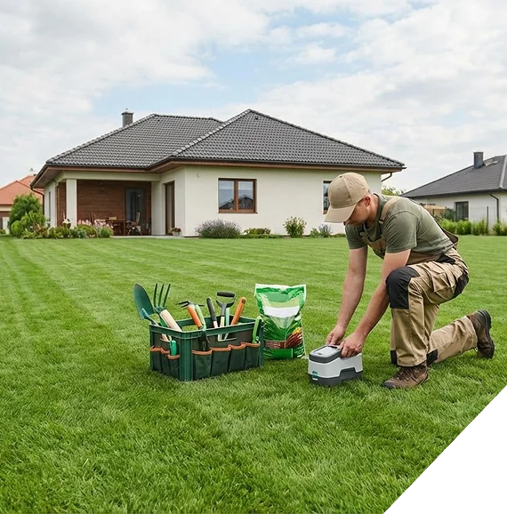 A worker trimming grass along a driveway while completing detailed lawn care services.