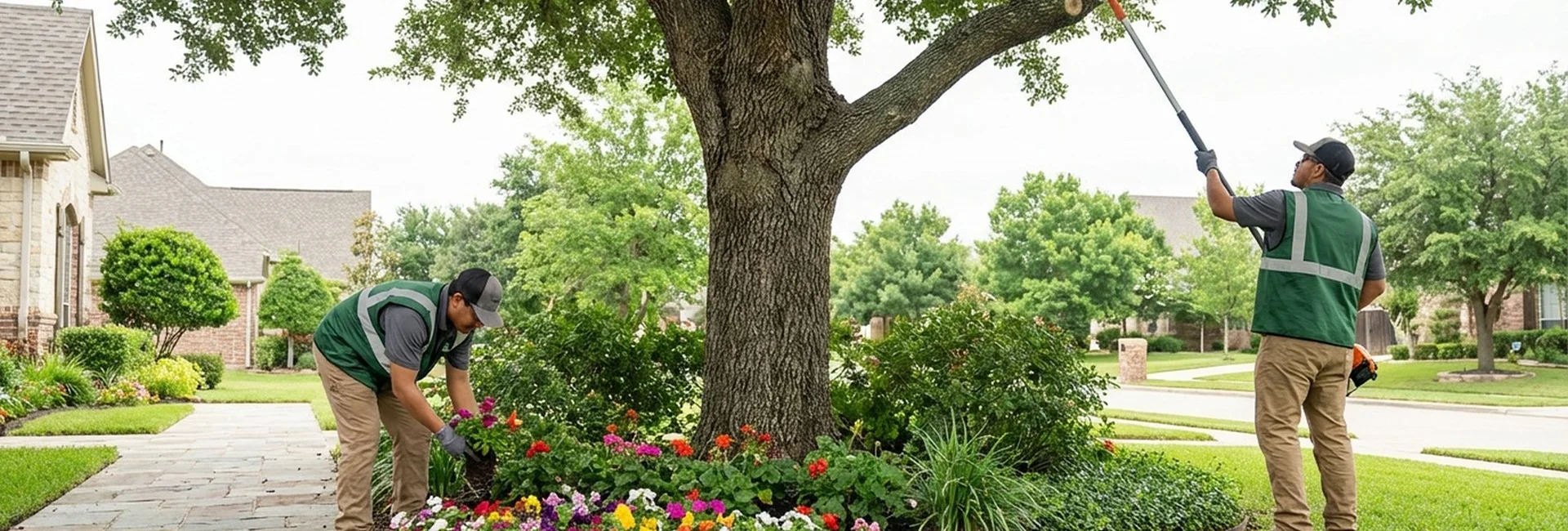 A crew trimming mature trees in a residential yard during tree care services in Frisco on a sunny morning.