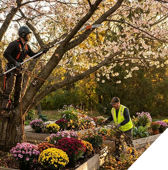 A lawn maintenance crew mowing and edging a large residential property.