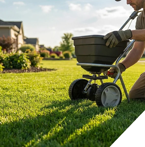 Lawn care services displayed during seasonal leaf cleanup around walkways and gardens.