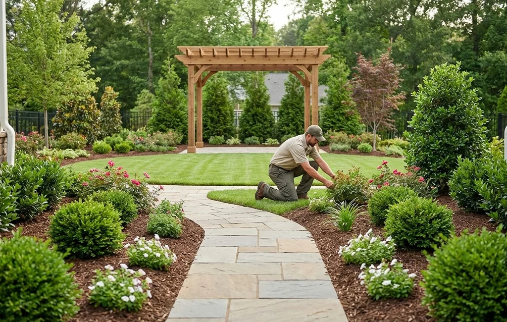 A landscaping crew installing fresh plants and stone features during landscaping services in Frisco, TX at a residential property.