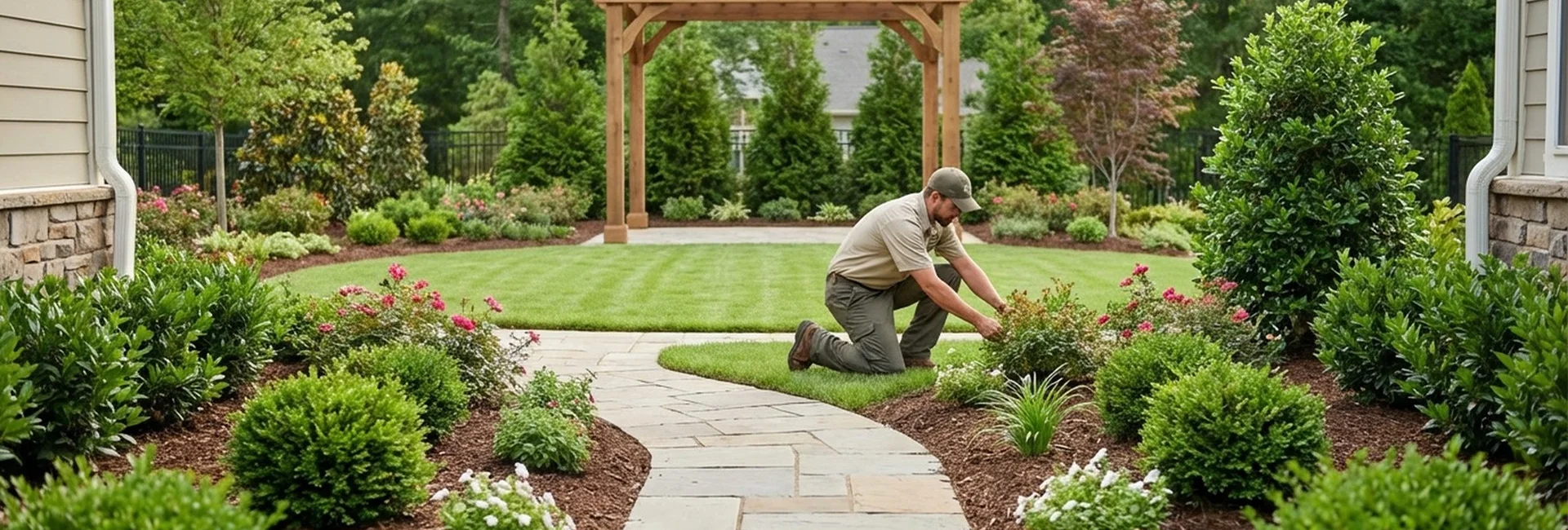 A landscaping crew installing fresh plants and stone features during landscaping services in Frisco, TX at a residential property.
