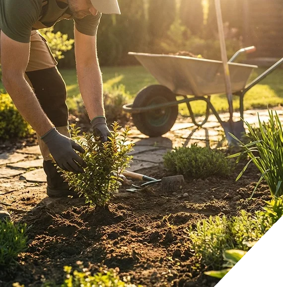 A patio area surrounded by fresh planting beds following landscaping services in Frisco, TX.