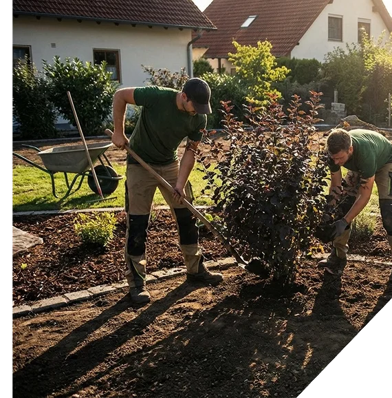 A landscaper shaping shrubs and adjusting mulch around entryway plants for a polished finish.