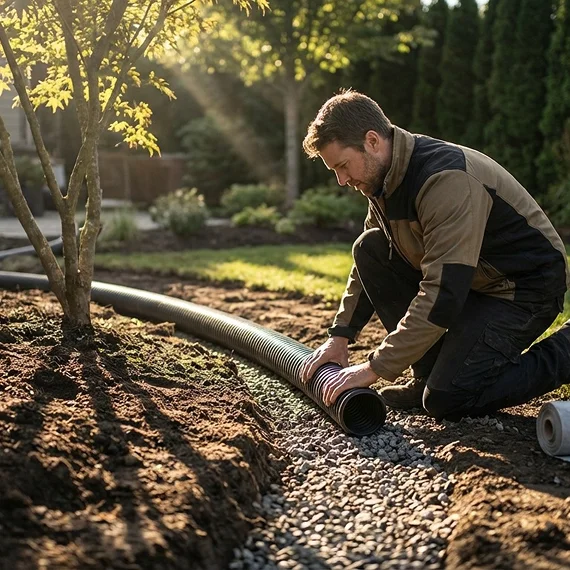 A landscaper installing decorative plants during scheduled lawn & landscaping services in a quiet neighborhood.