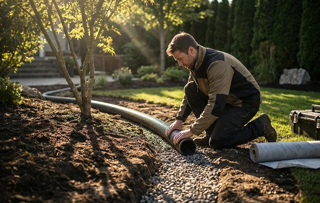 A landscaping crew installing fresh plants and stone features during landscaping services in Frisco, TX at a residential property.