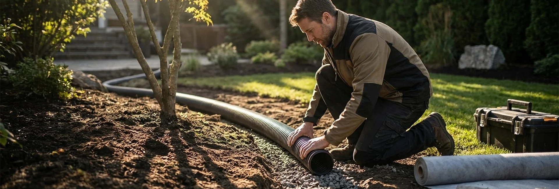A crew installing underground piping during landscape drainage solutions in Frisco at a residential backyard.