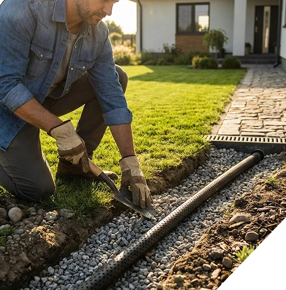 A landscaper shaping shrubs and adjusting mulch around entryway plants for a polished finish.