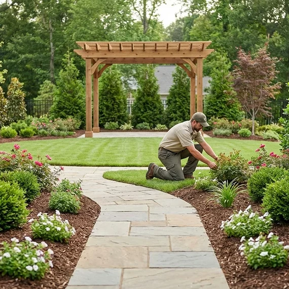 A landscaper in Frisco, TX installing outdoor drainage near a home’s foundation.