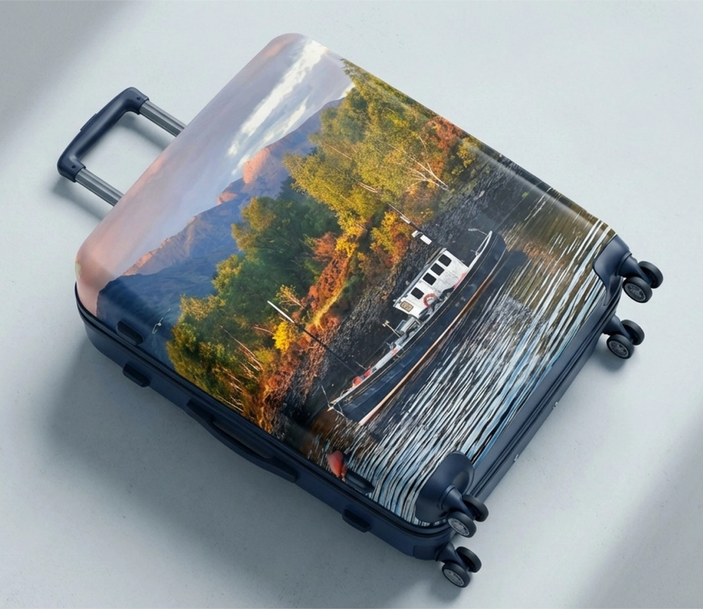 A traveler rolling a suitcase featuring photo printing on luggage through an airport terminal.