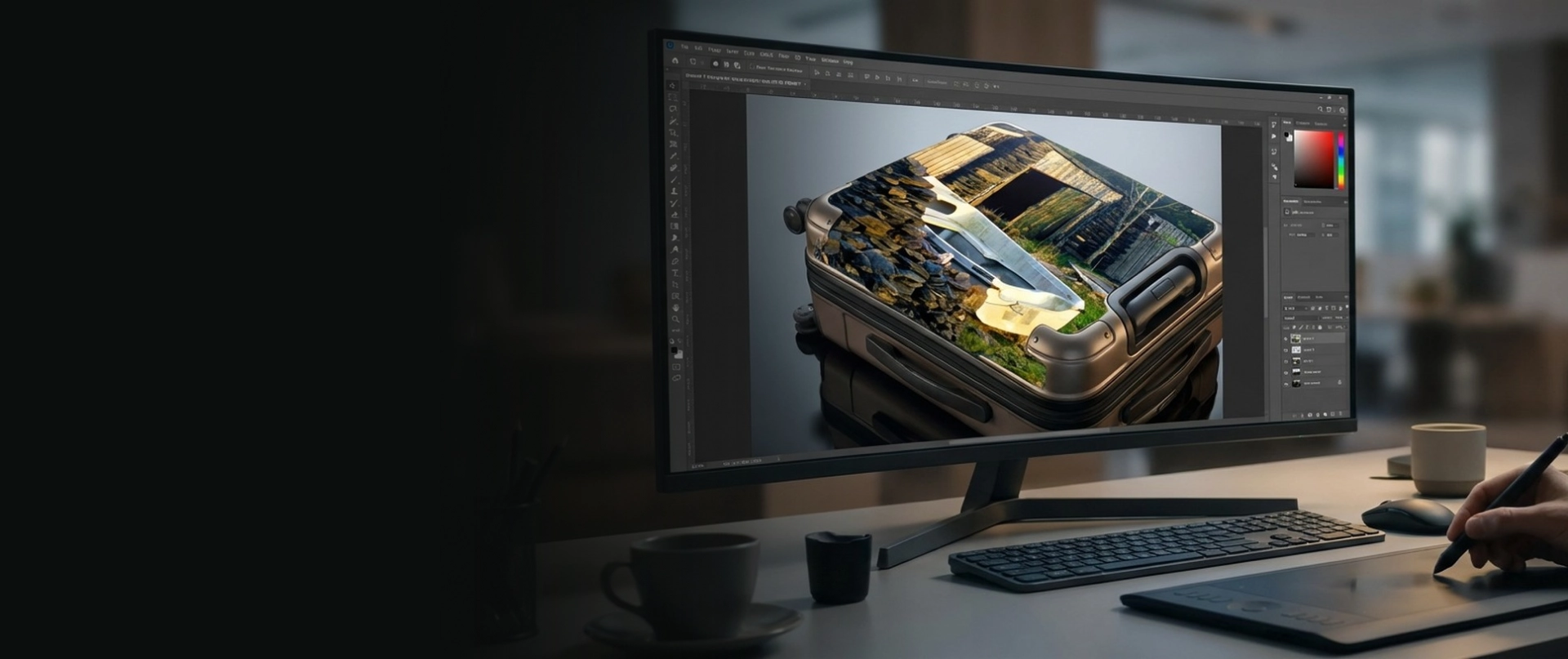 A close-up of a colorful cityscape captured in photo printing on luggage.