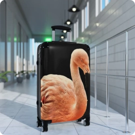 Woman lifting a suitcase with bold photo printing on luggage onto a car roof.