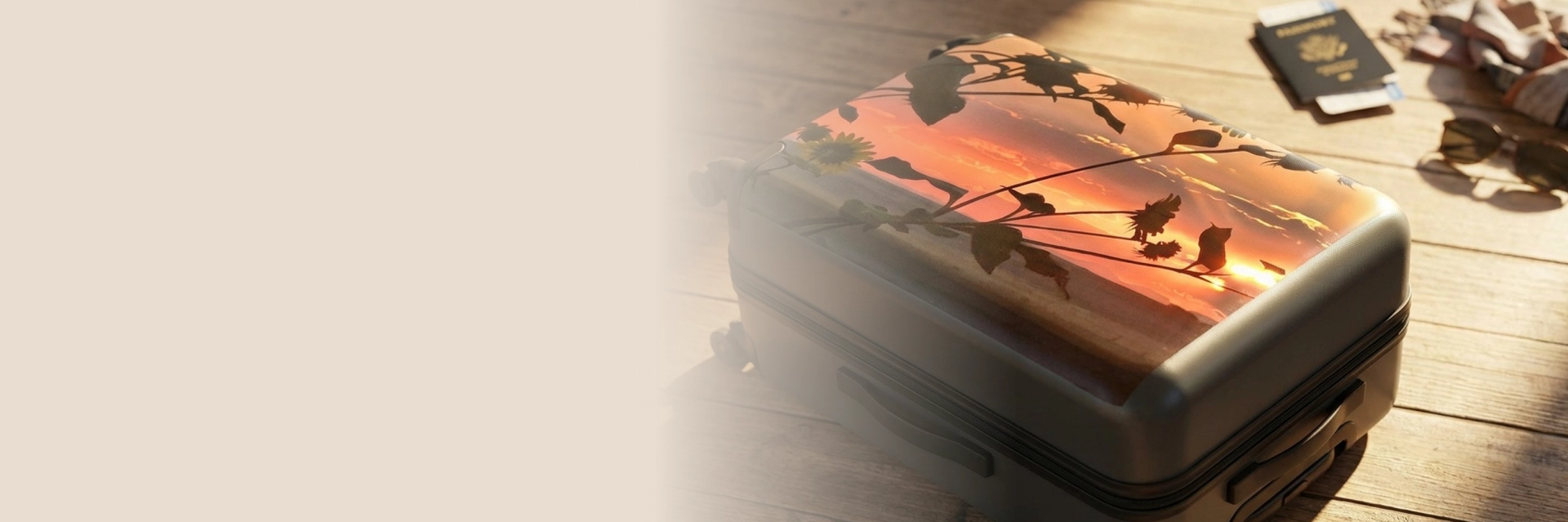 Traveler examining custom travel gears prints before choosing a suitcase.