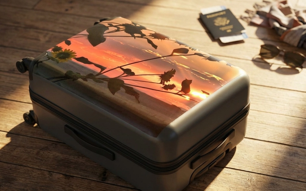 Traveler examining custom travel gears prints before choosing a suitcase.