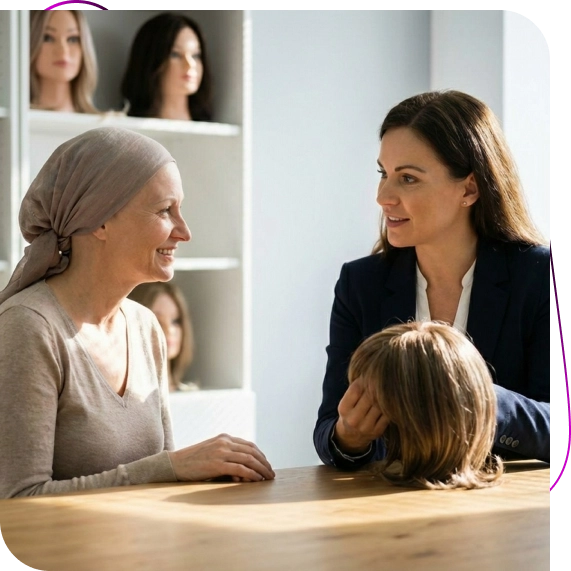 A stylist gently fits a client during a private consultation for wigs for medical hair loss in St. John’s.
