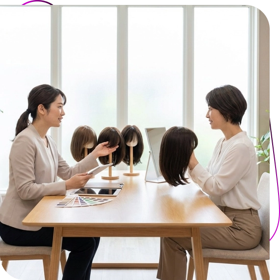 A stylist welcomes a client into a private room for wig consultations in St. John’s.