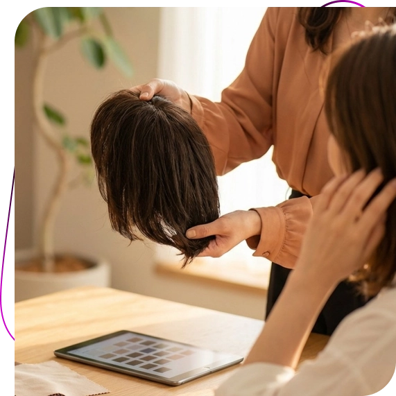 A consultant explains options during hair toppers consultations in a calm studio setting.