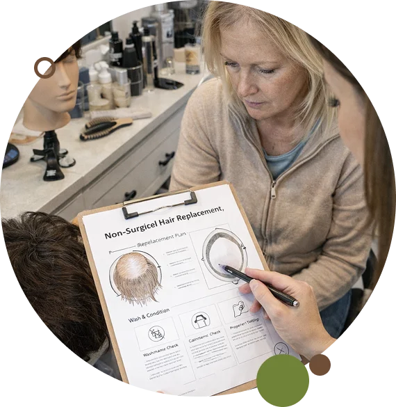 A client adjusts hair toppers in Vero Beach with stylist guidance.