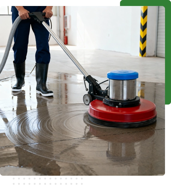 Worker operating floor equipment as part of garage cleaning services in Edmonton.