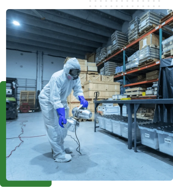 Crew removing debris during warehouse cleaning services in a large distribution center.