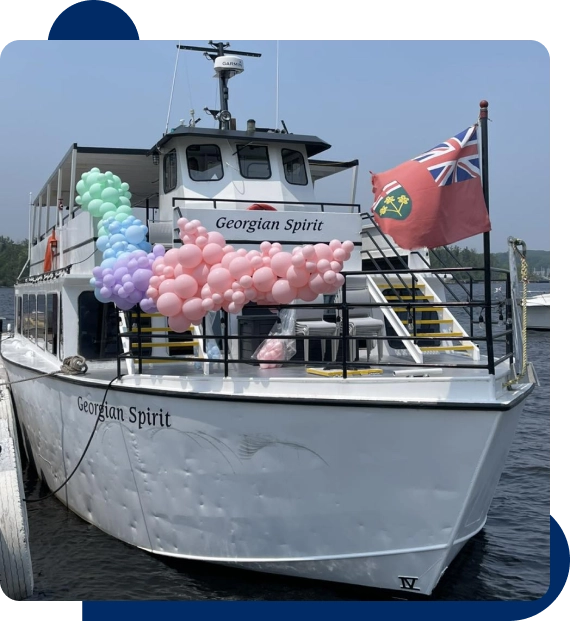 A group gathering on deck during private party cruises with beautiful views of Georgian Bay.