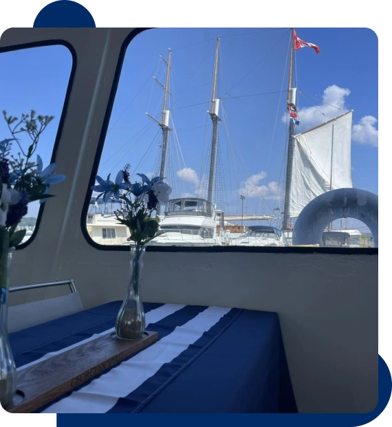 Visitors relaxing in deck seating while traveling through the island waterways.