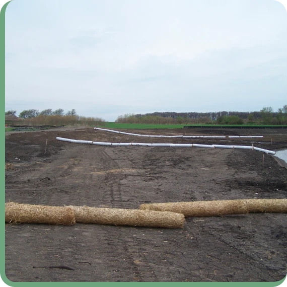 Workers installing vegetation during erosion control services at a restoration site.