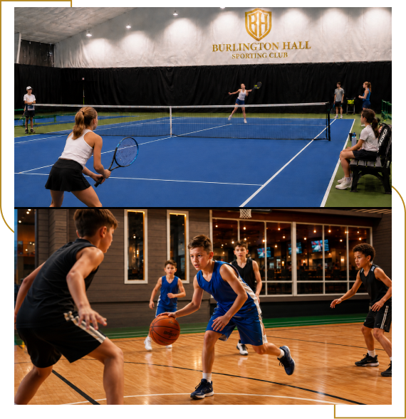 A group of children enjoying a tennis academy for kids lesson with a coach in Burlington.