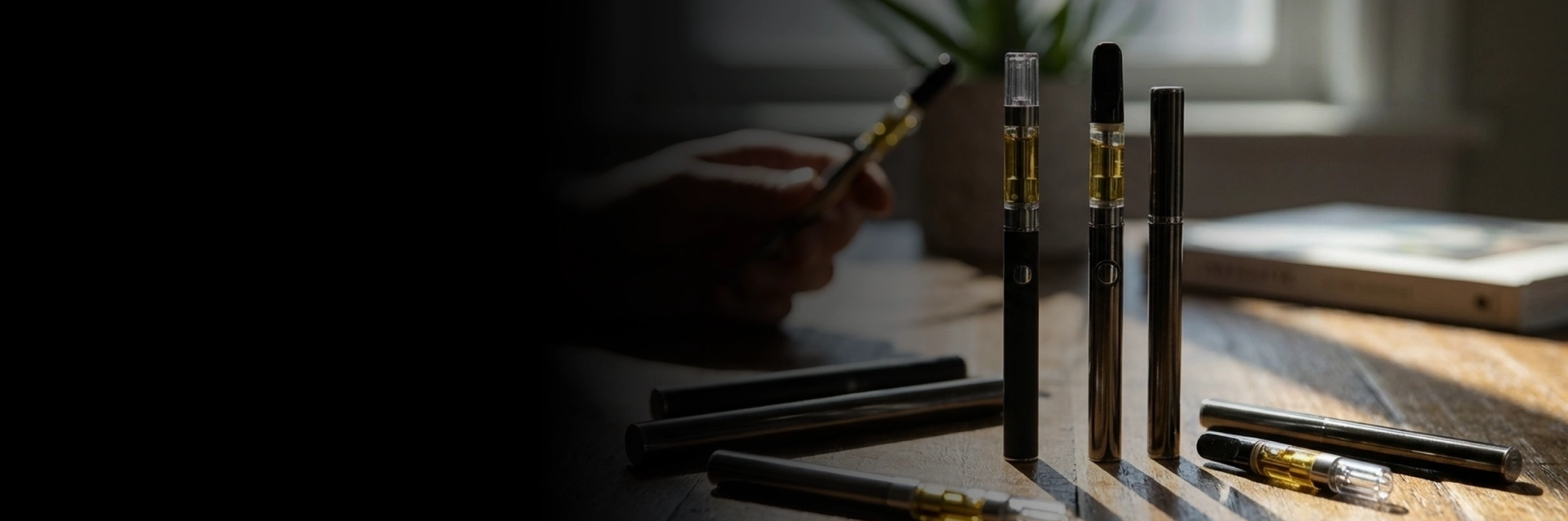 Customer selecting THC vape pens in Kansas City from display